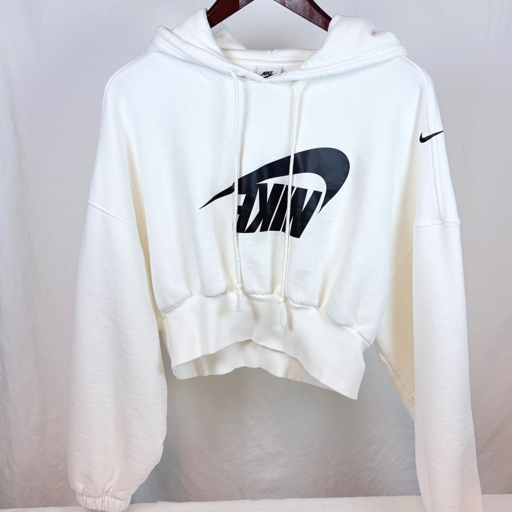 Nike Upside Down Logo Oversized Cropped French Terry Hoodie White Black Large